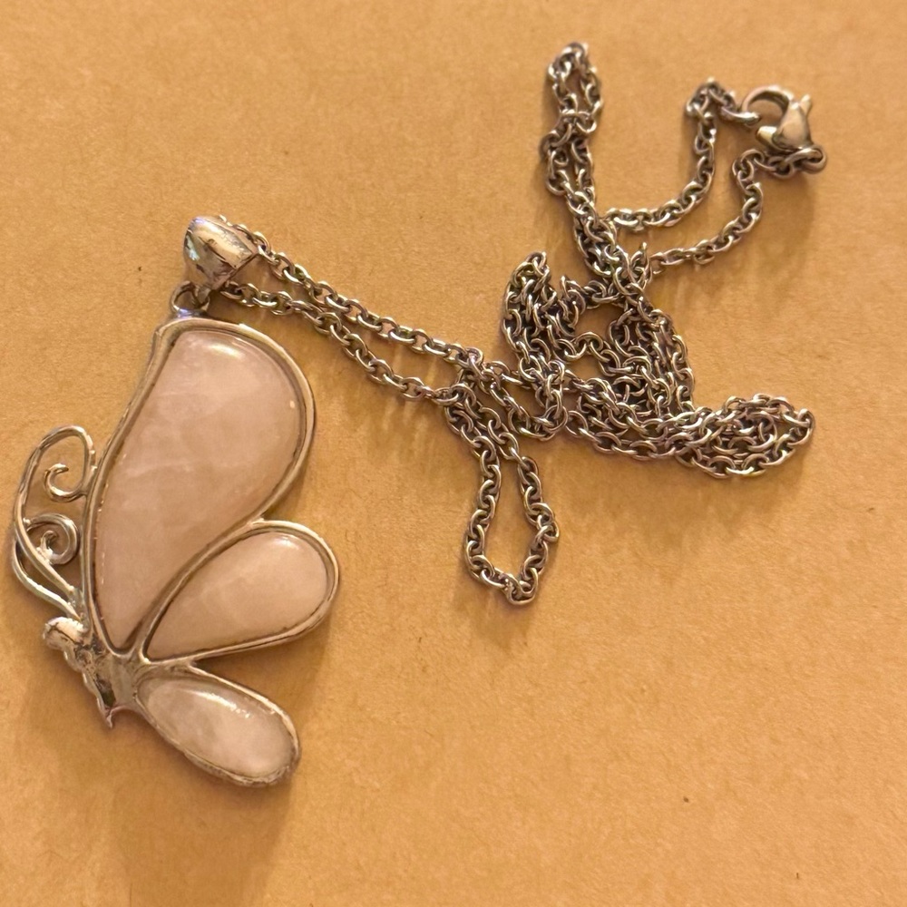 Silvertone Rose Quartz Butterfly Pendant Necklace